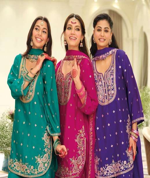 DESIGNER WEDDING PARTY WEAR REAL CHINON SHARARA SALWAR SUIT DST EBA SAAJ 2161-2163