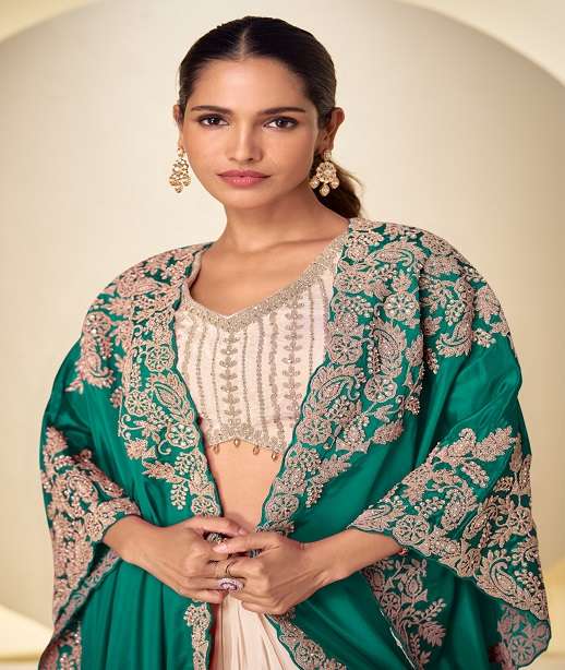 DESIGNER WEDDING PARTY WEAR REAL CHINON SHRUG BLOUSE SKIRT SALWAR SUIT GL ANDAZ 7673 COLOR