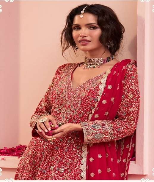 DESIGNER WEDDING PARTY WEAR REAL GEORGETTE SHARARA SALWAR SUIT GL SAIRA 7698 COLOR
