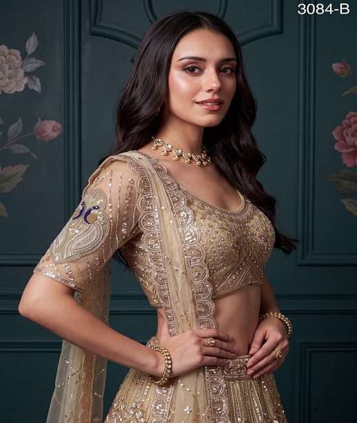 INDIAN DESIGNER BOLLYWOOD WEDDING PARTY WEAR NET FABRIC HAND WORK BEADS LEHENGA KB SM PC 3084 COLOR