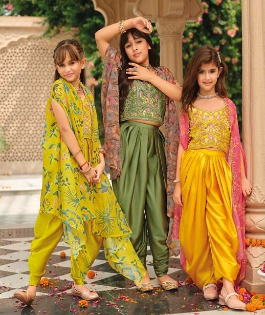 DESIGNER READY MADE SATIN SILK DHOTI BLOUSE SRUGH SUIT FOR GIRLS KIDES DRESS EB 32-34