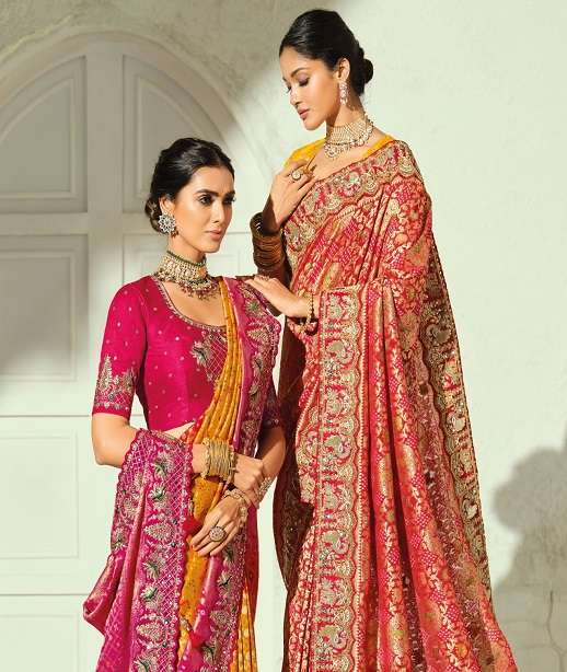 DESIGNER WEDDING PARTY WEAR BANDEJ GEORGETTE SILK SAREE WITH MOTI MIRROR CUTDANA SM MN 8701-8709