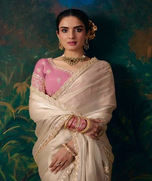 DESIGNER WEDDING PARTY WEAR ORGANZA SATIN SILK SAREE WITH BEADS WORK SAREE SM SULAKSHMI 2001-2014