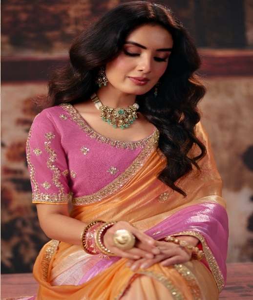 DESIGNER WEDDING PARTY WEAR ORGANZA SATIN SILK SAREE WITH BEADS WORK SAREE SM SULAKSHMI 1001-1014