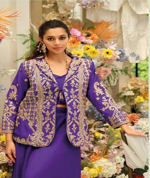 DESIGNER WEDDING PARTY WEAR REAL CHINON JACKET BLOUSE SKIRT SALWAR SUIT EB BELINA 2383 COLOR