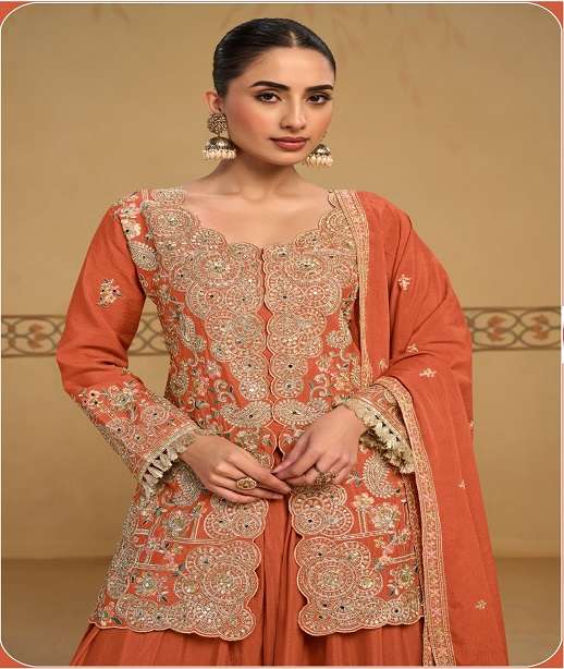 DESIGNER WEDDING PARTY WEAR REAL CHINON SHARARA SALWAR SUIT GL PANGHAT 7713 COLOR