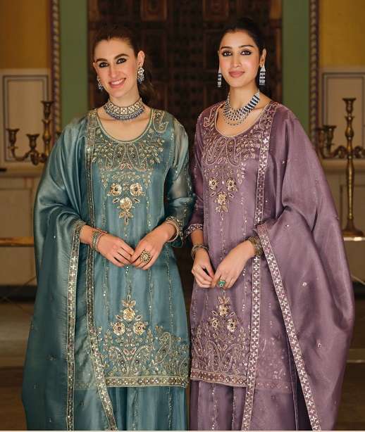 DESIGNER WEDDING PARTY WEAR SIMAR SILK BEADS WOR SHARARA SALWAR SUIT EB 2454-2456