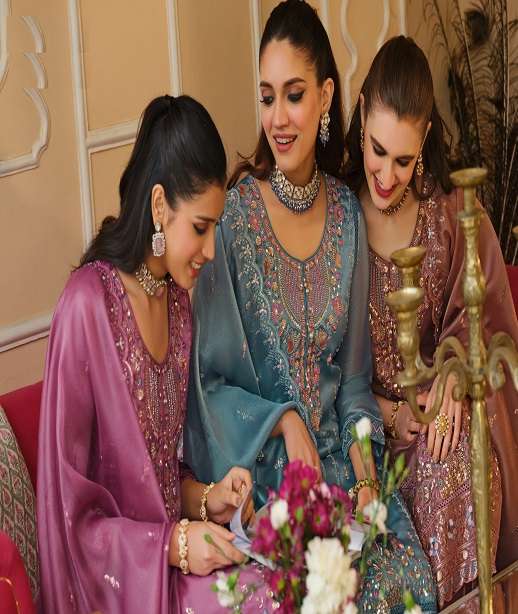 DESIGNER WEDDING PARTY WEAR SIMAR SILK BEADS WORK PAKISTANI SALWAR SUIT EBA 2443-2445