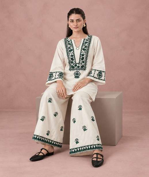 DESIGNER WHITE COTTON READYMADE PALLAZO SUIT JG 4923 COLOR