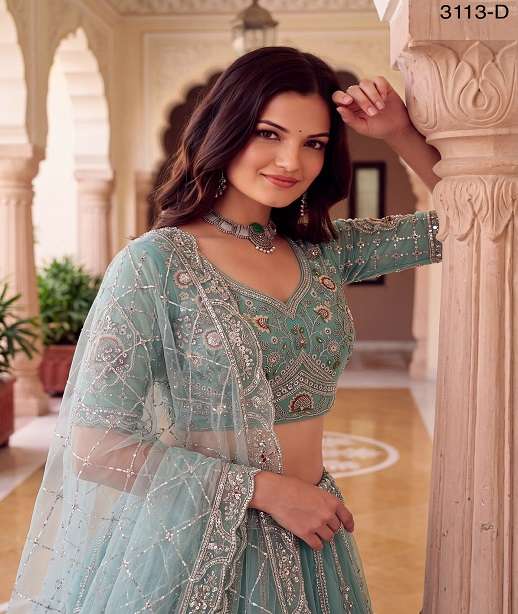 INDIAN DESIGNER BOLLYWOOD WEDDING PARTY WEAR NET FABRIC LEHENGA AT WHOLESALE RATE DERIN SM PC 3113 COLOR