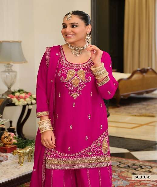 INDIAN DESIGNER FANCY WEDDING PARTY WEAR REAL CHINON SHARARA SALWAR SUIT PALLAZO EB 50070 COLOR