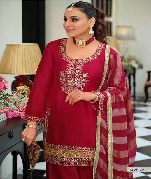 INDIAN DESIGNER FANCY WEDDING PARTY WEAR REAL CHINON SHARARA SALWAR SUIT PALLAZO EB 50362 COLOR