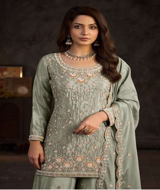 INDIAN DESIGNER FANCY WEDDING PARTY WEAR REAL CHINON SHARARA SALWAR SUIT PALLAZO GL AAYKA 7719 COLOR