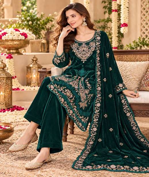 WINTER WEAR DESIGNER WEDDING PARTY WEAR VELVET SHARAA SUIT PALLAZZO CPR 734 COLOR