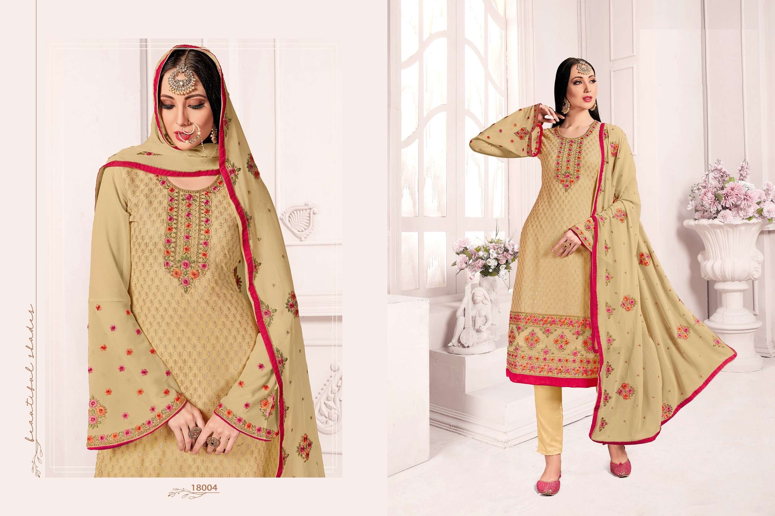 AWESOME HEAVY DESIGNER FANCY PARTY WEAR GEORGETTE CHIKU STRAIGHT SALWAR SUIT 18004