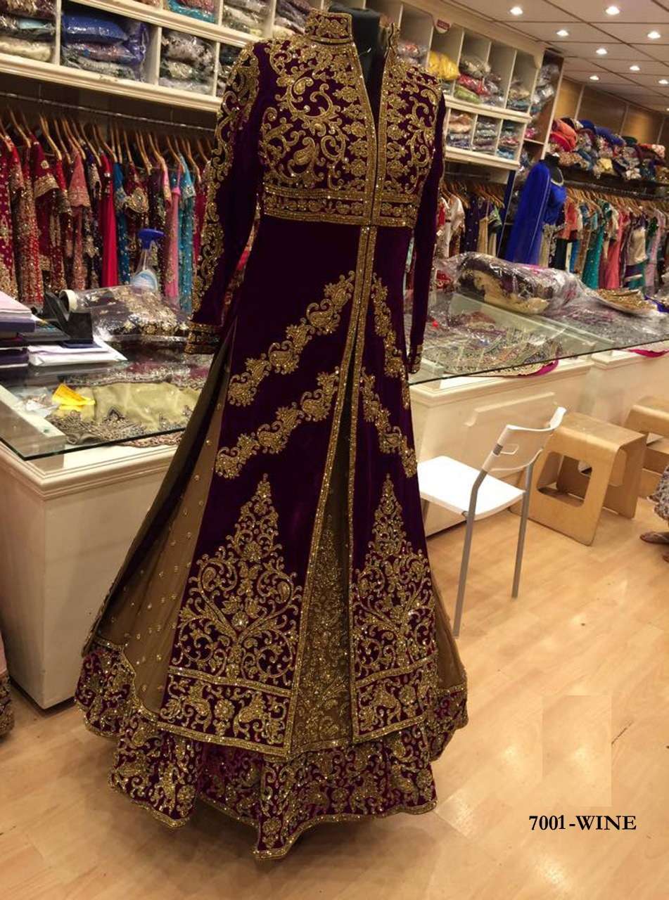 STYLISH WINE DESIGNER INDIAN WOMEN TRADITIONAL FASHION VELVET FABRIC OCCASIONALLY PARTY COLLECTION ANARKALI WEDDING WEAR BRIDAL DRESS SINGLE PIECE WHOLESALER FROM SURAT AT BEST PRICE