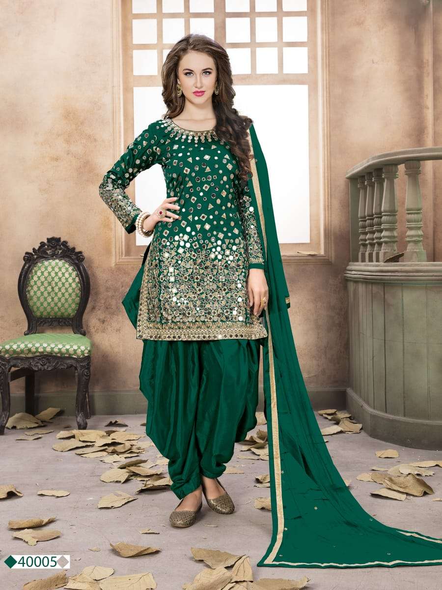 AMAZING GREEN COLOR PATIYALA SUITS DESIGNER WEDDING COLLECTION PARTY WEAR & OCCASIONAL WEAR TAFETA SILK DRESSES AT WHOLESALE