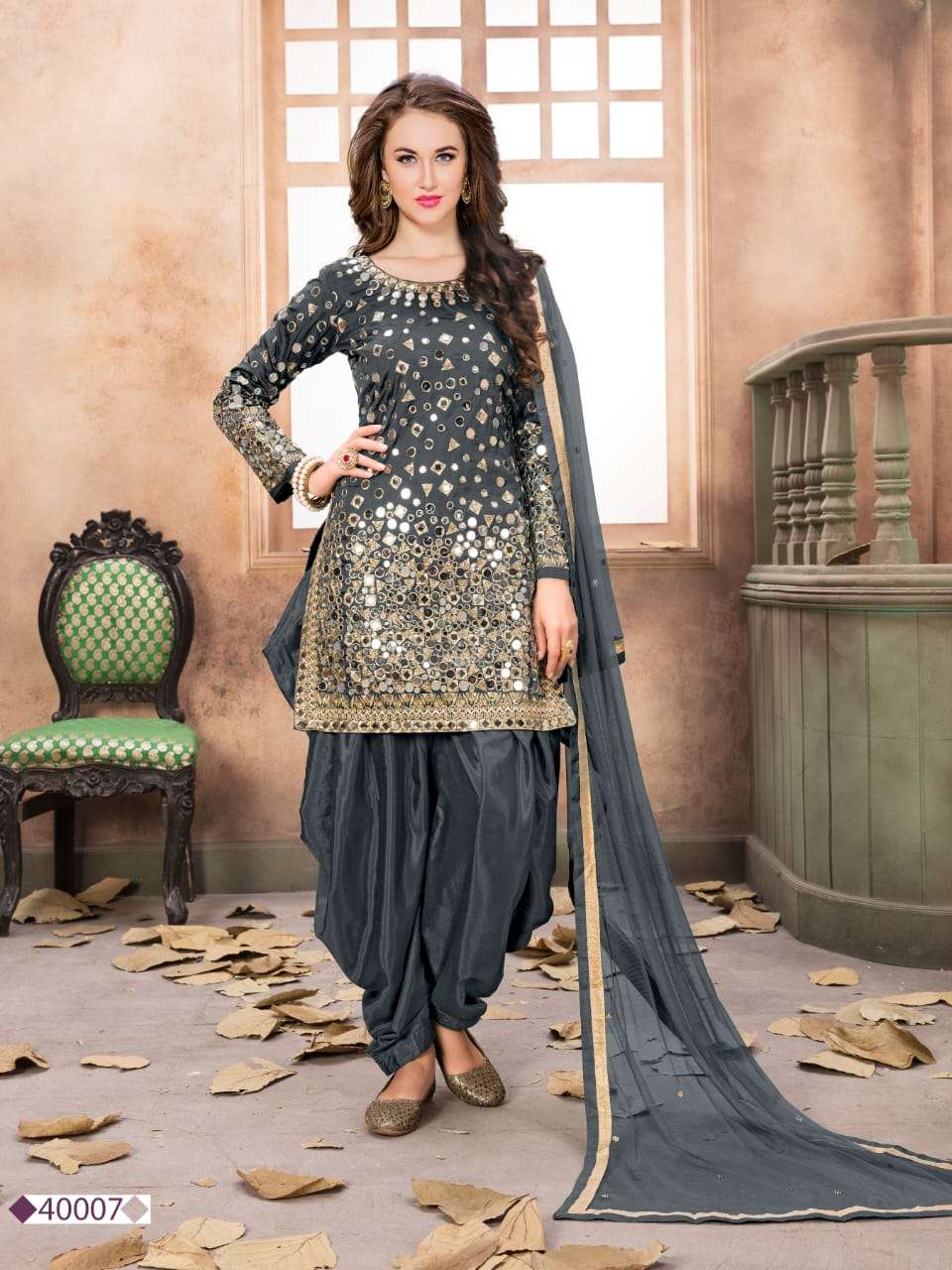 AWESOME DARK GREY COLOR PATIYALA SUITS DESIGNER WEDDING COLLECTION PARTY WEAR & OCCASIONAL WEAR TAFETA SILK DRESSES AT WHOLESALE