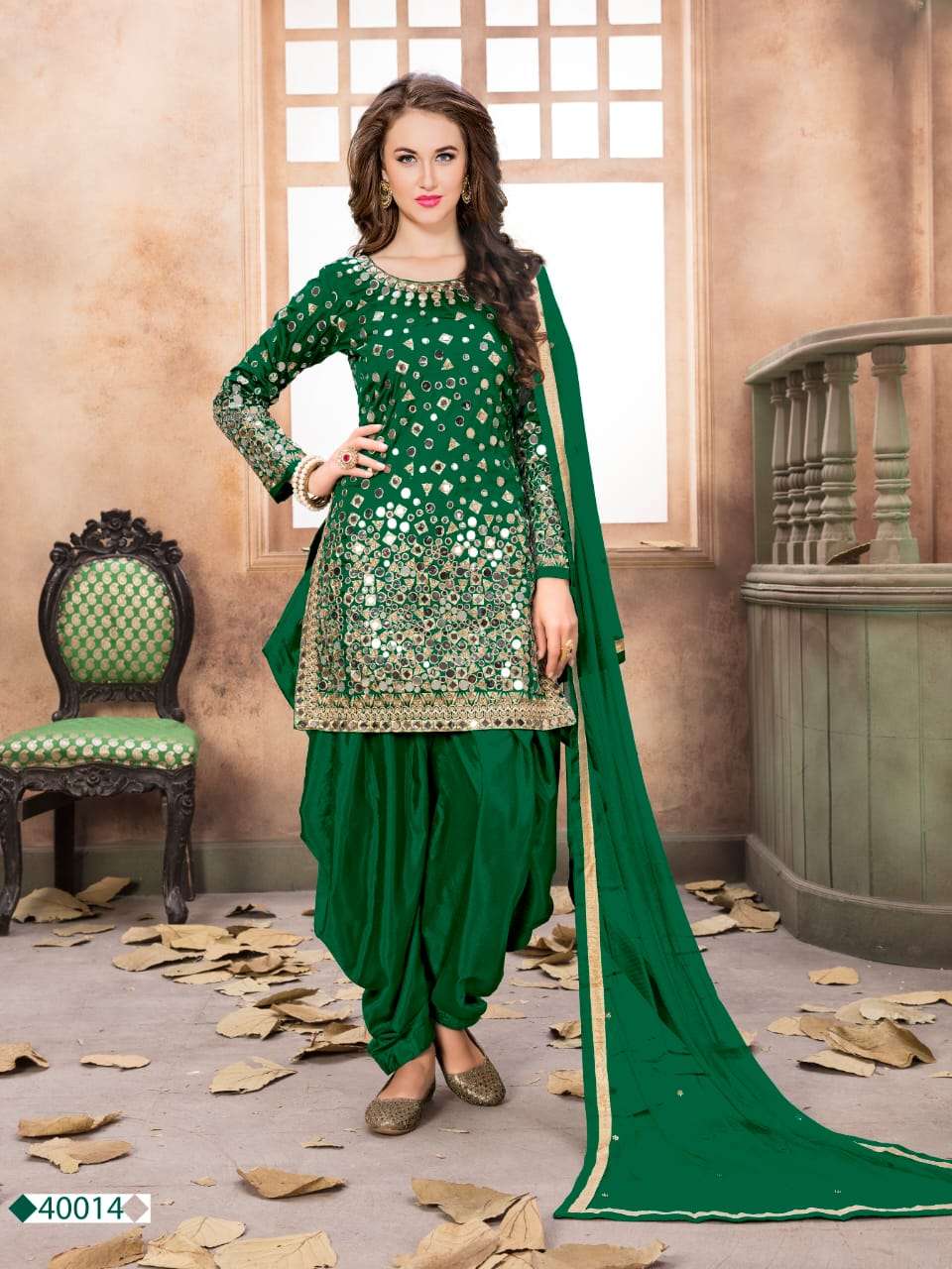 AWESOME GREEN COLOR PATIYALA SUITS DESIGNER WEDDING COLLECTION PARTY WEAR & OCCASIONAL WEAR TAFETA SILK DRESSES AT WHOLESALE