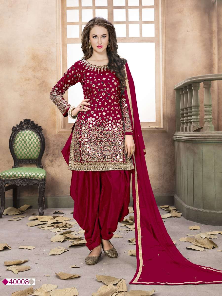 AWESOME RED COLOR PATIYALA SUITS DESIGNER WEDDING COLLECTION PARTY WEAR & OCCASIONAL WEAR TAFETA SILK DRESSES AT WHOLESALE