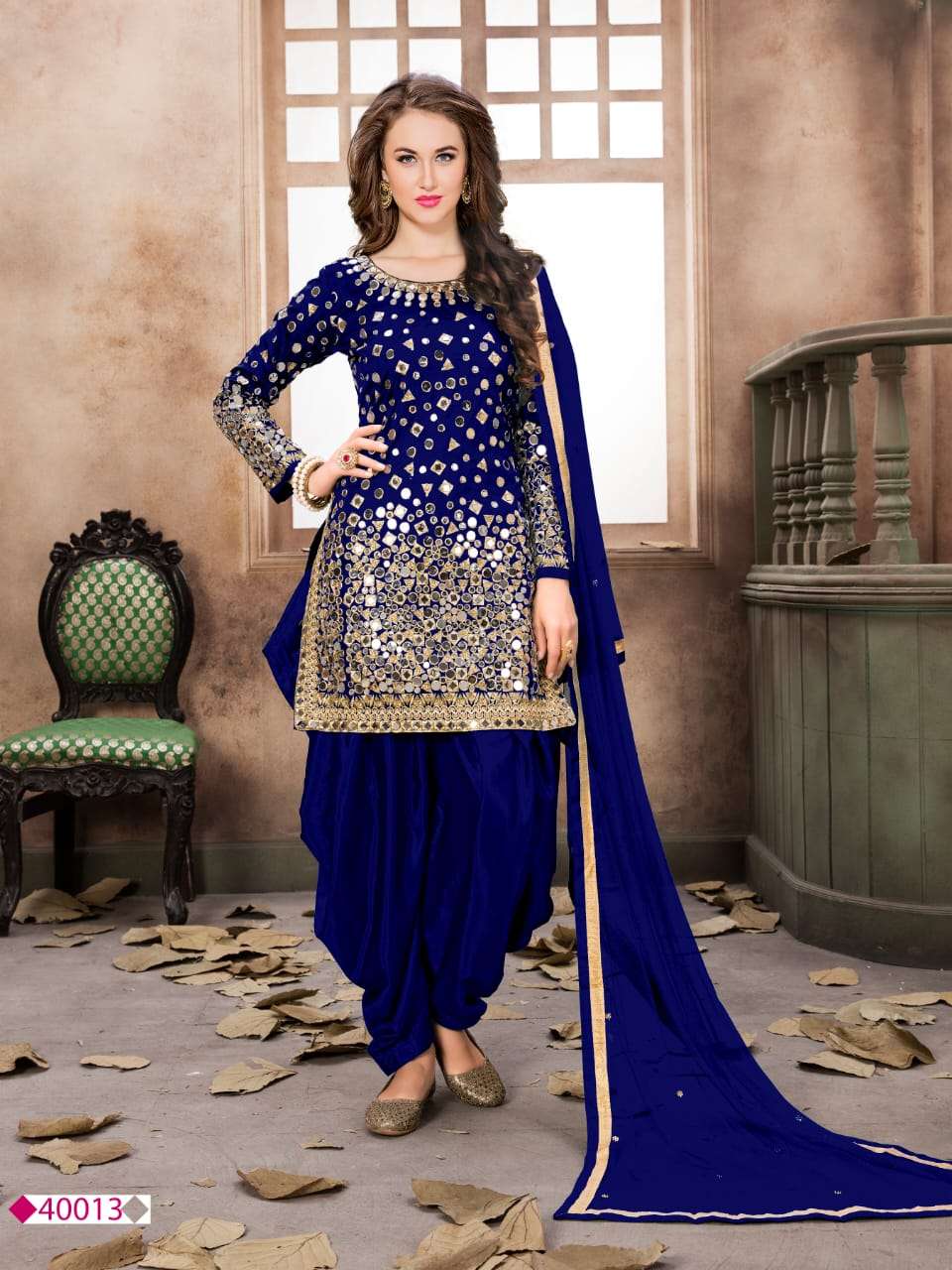 AWESOME ROYAL BLUE COLOR PATIYALA SUITS DESIGNER WEDDING COLLECTION PARTY WEAR & OCCASIONAL WEAR TAFETA SILK DRESSES AT WHOLESALE