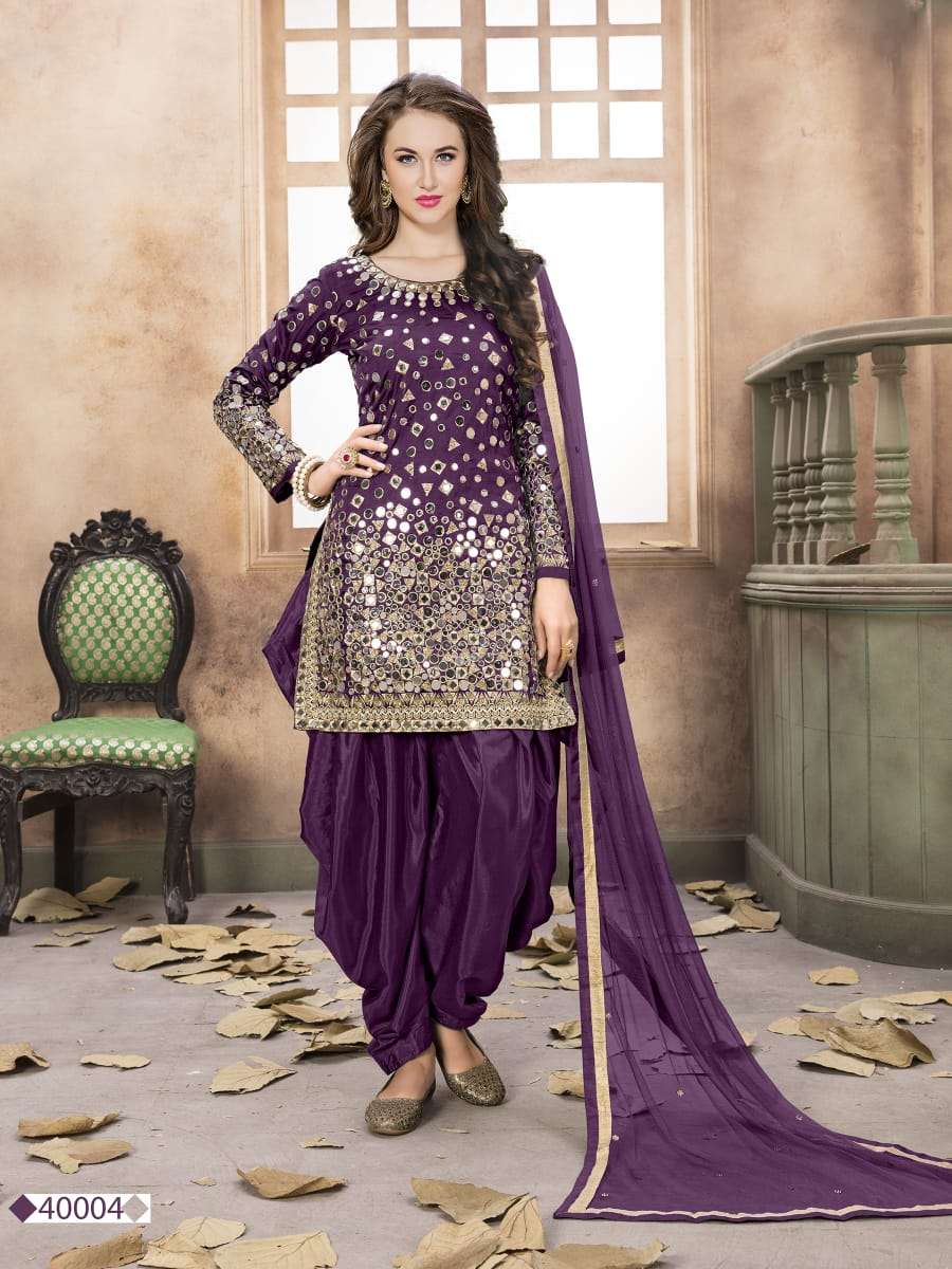 DAZZLING PURPLE COLOR PATIYALA SUITS DESIGNER WEDDING COLLECTION PARTY WEAR & OCCASIONAL WEAR TAFETA SILK DRESSES AT WHOLESALE