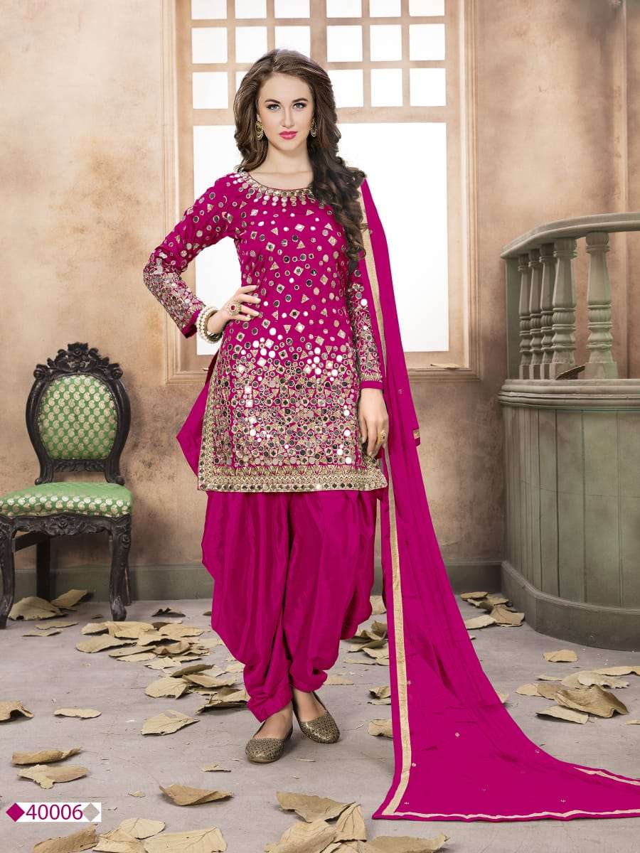 LOVELY RANI COLOR PATIYALA SUITS DESIGNER WEDDING COLLECTION PARTY WEAR & OCCASIONAL WEAR TAFETA SILK DRESSES AT WHOLESALE