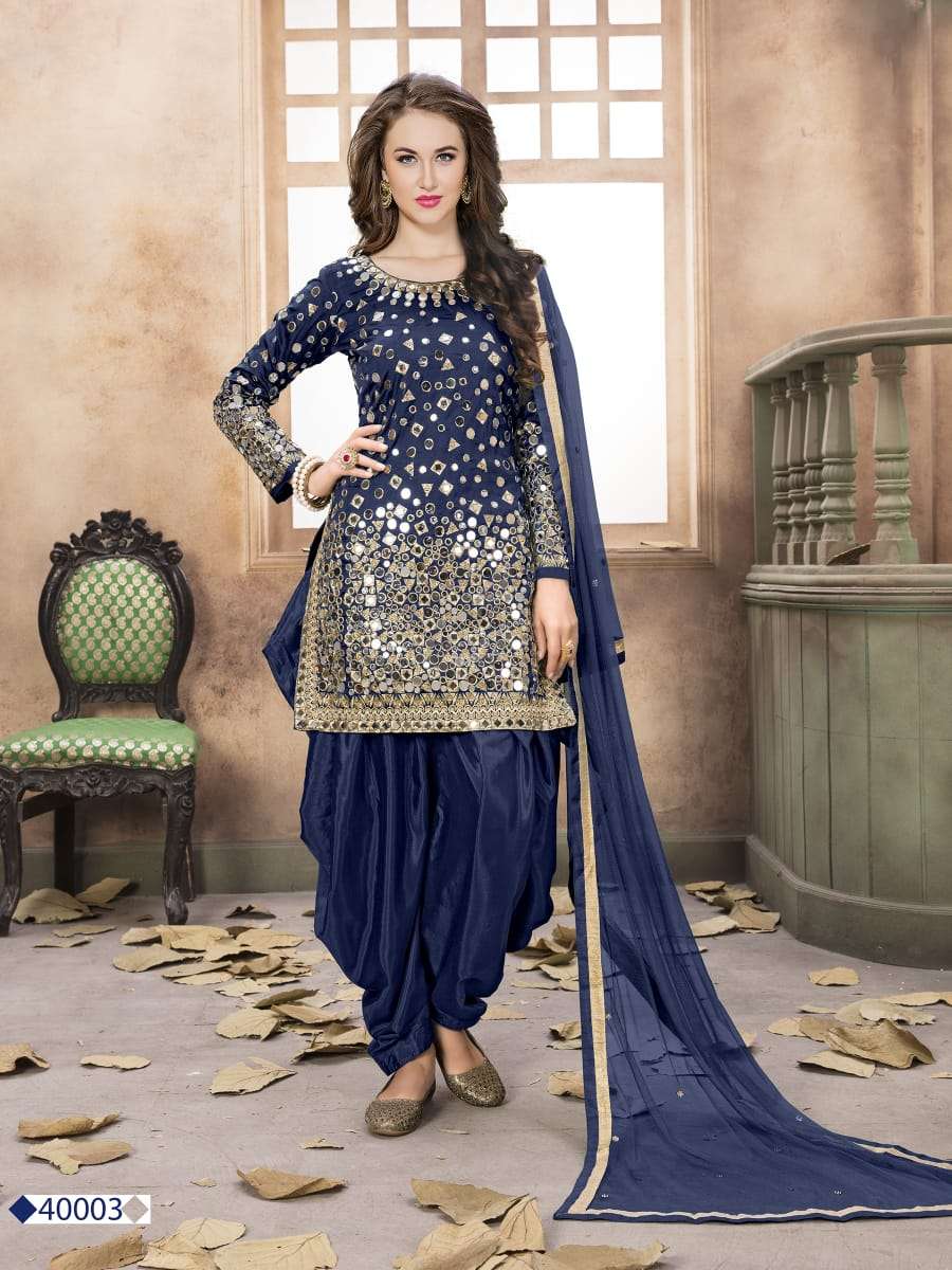 SUPERB BLUE COLOR PATIYALA SUITS DESIGNER WEDDING COLLECTION PARTY WEAR & OCCASIONAL WEAR TAFETA SILK DRESSES AT WHOLESALE