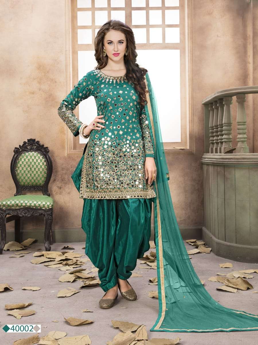WONDERFUL RAMA COLOR PATIYALA SUITS DESIGNER WEDDING COLLECTION PARTY WEAR & OCCASIONAL WEAR TAFETA SILK DRESSES AT WHOLESALE