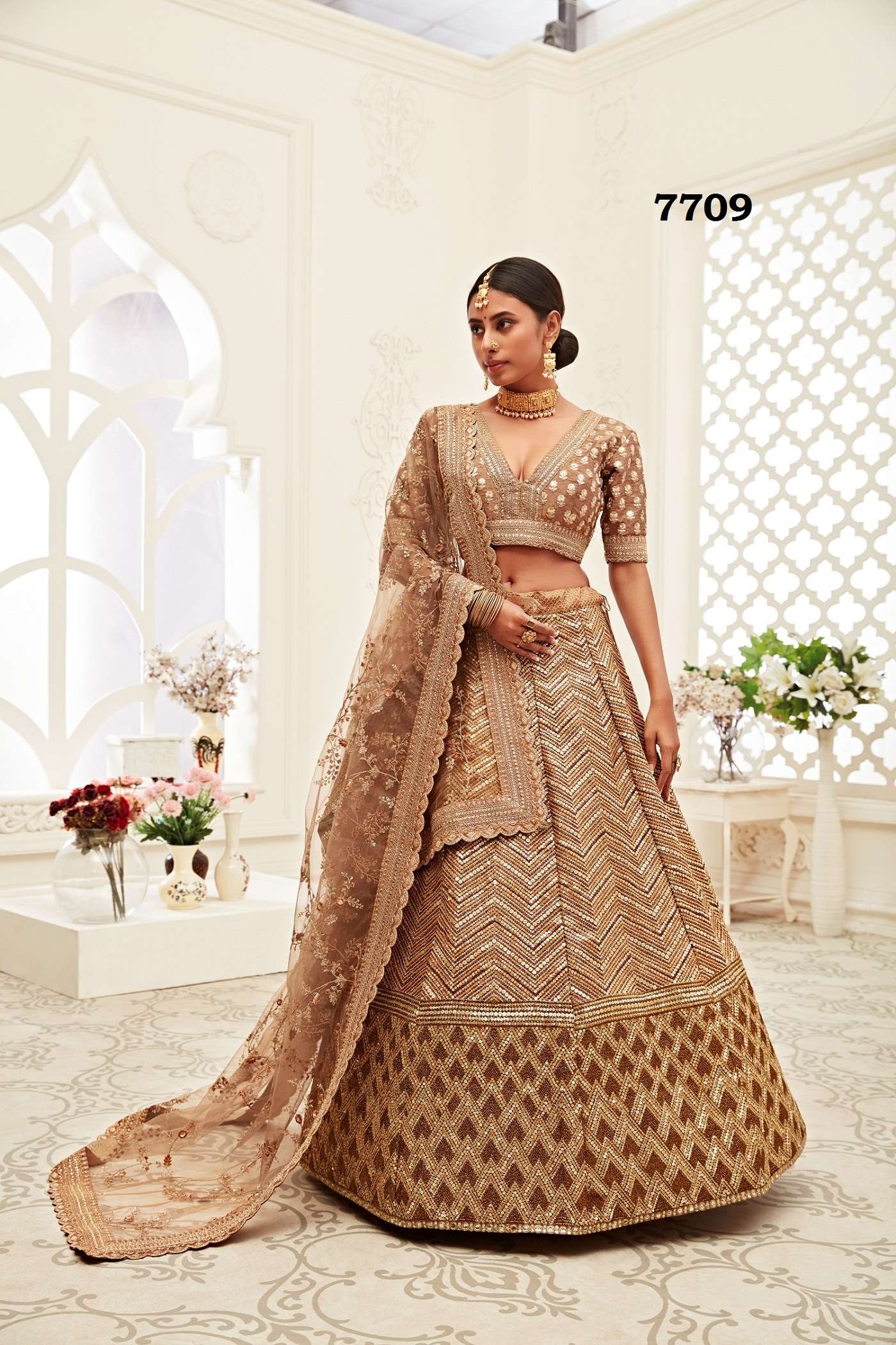 AWESOME BRIDAL WEDDING PARTY WEAR BROWN LEHENGA CHOLI FANCY STYLE 7709