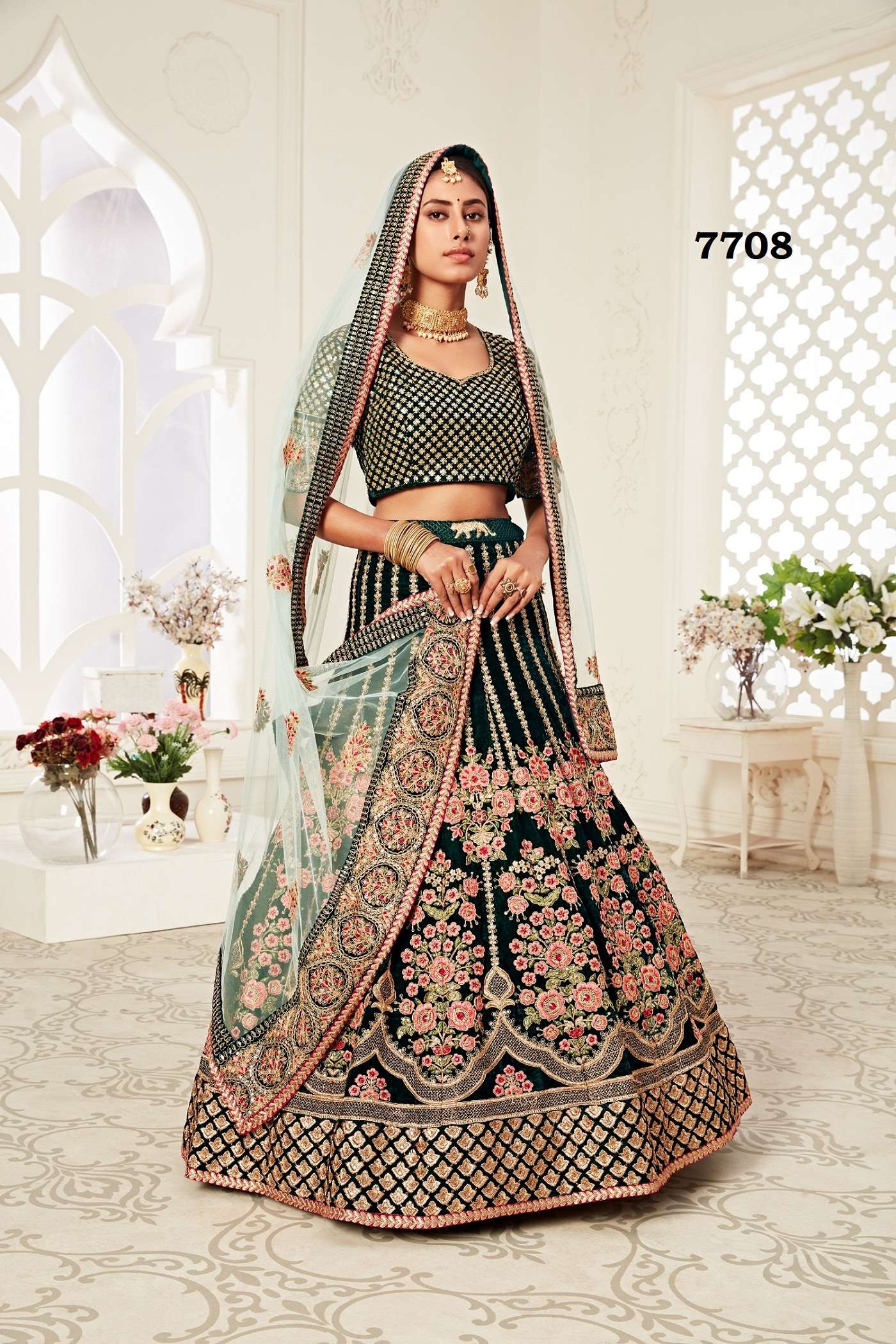 AWESOME BRIDAL WEDDING PARTY WEAR GREEN LEHENGA CHOLI FANCY STYLE 7708