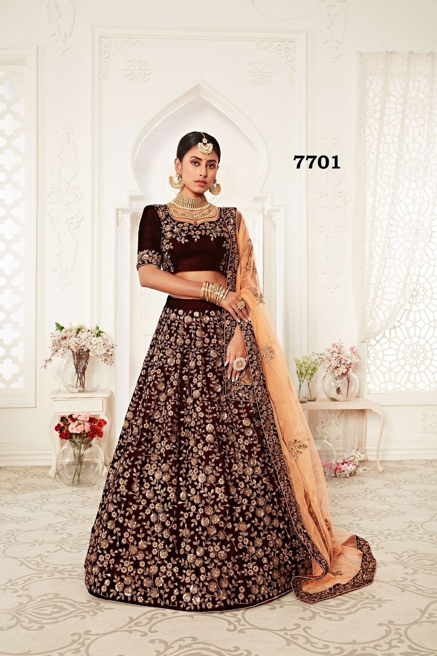 AWESOME BRIDAL WEDDING PARTY WEAR MAROON LEHENGA CHOLI FANCY STYLE 7701