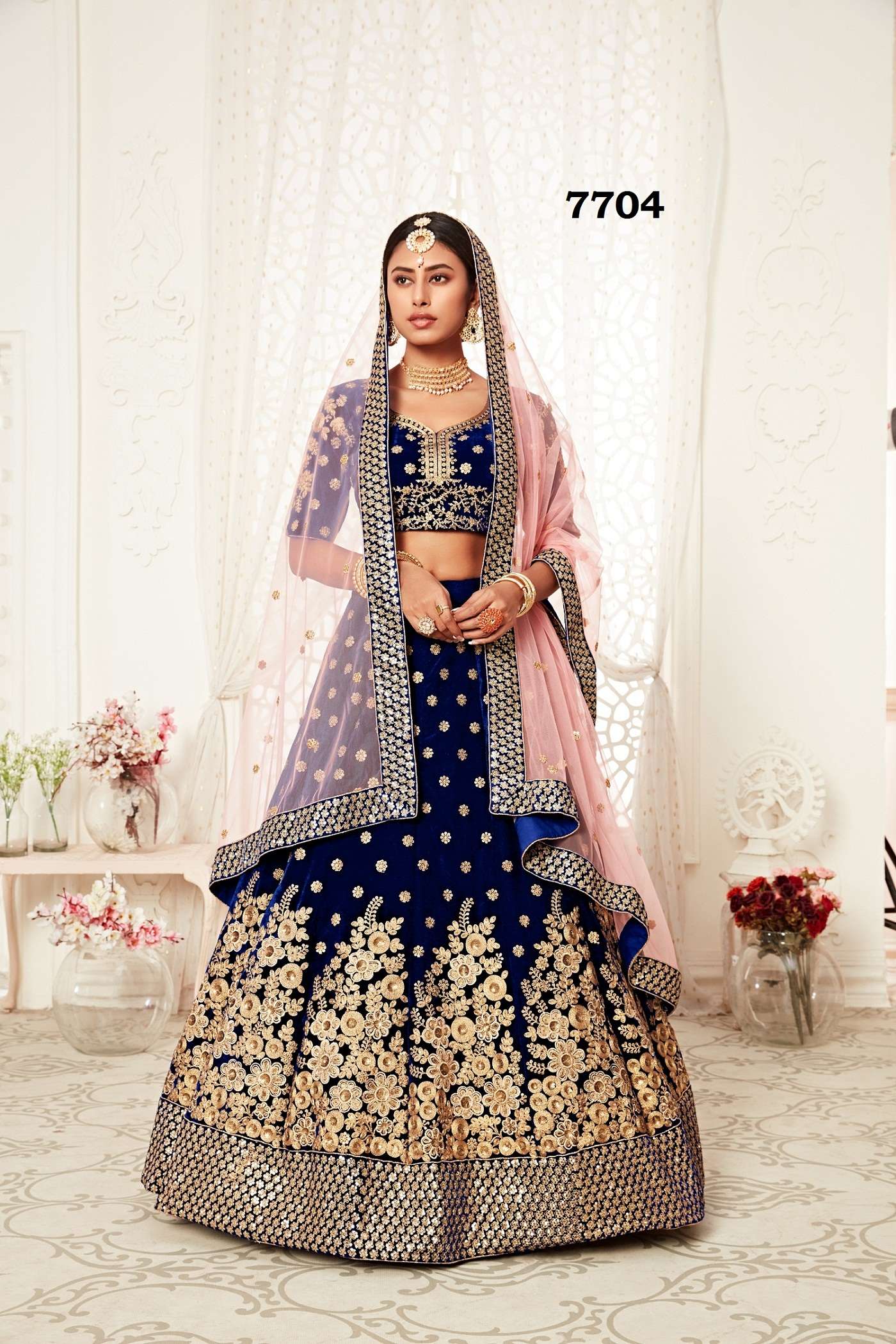 AWESOME BRIDAL WEDDING PARTY WEAR NEVY BLUE LEHENGA CHOLI FANCY STYLE 7704