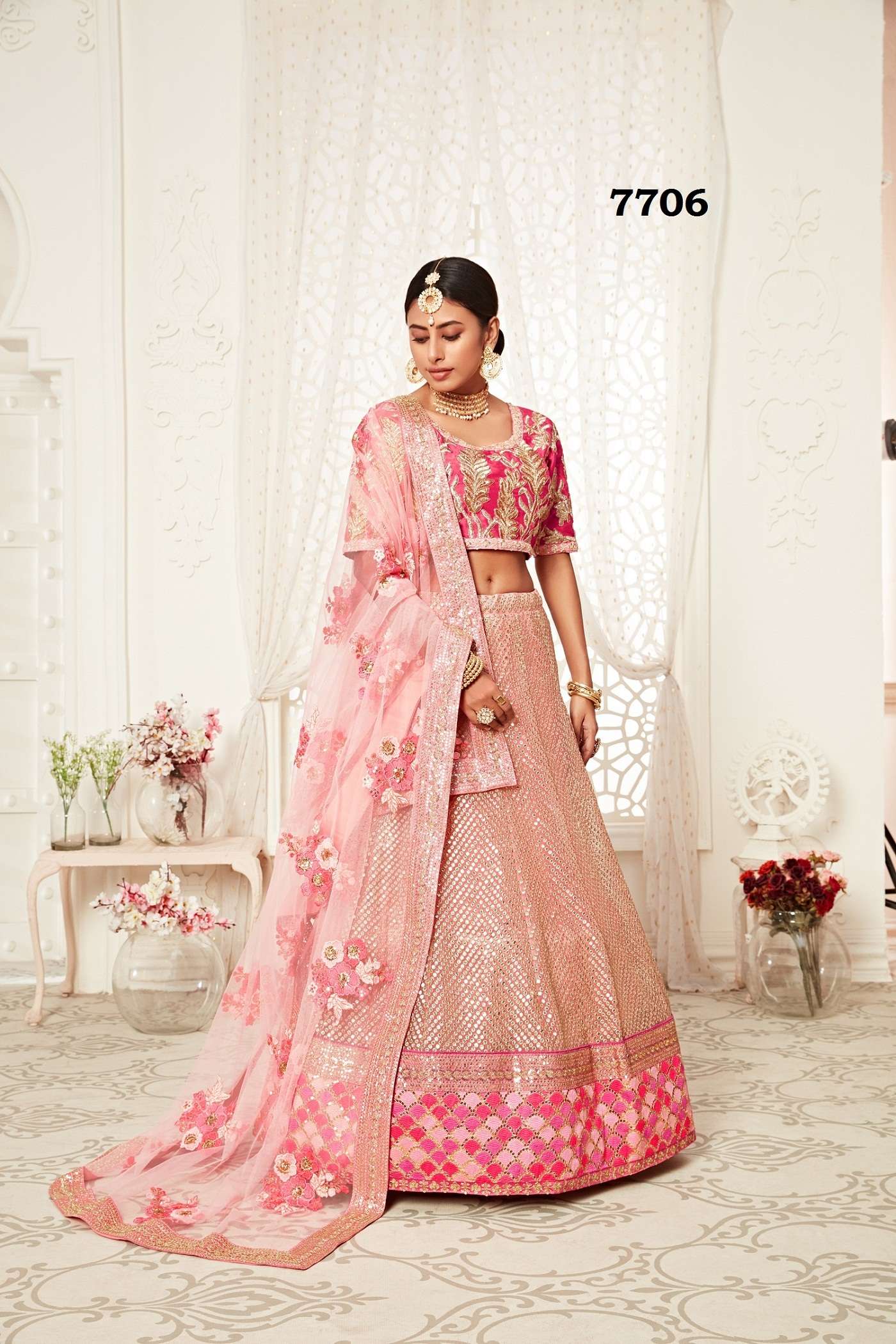 AWESOME BRIDAL WEDDING PARTY WEAR PINK LEHENGA CHOLI FANCY STYLE 7706