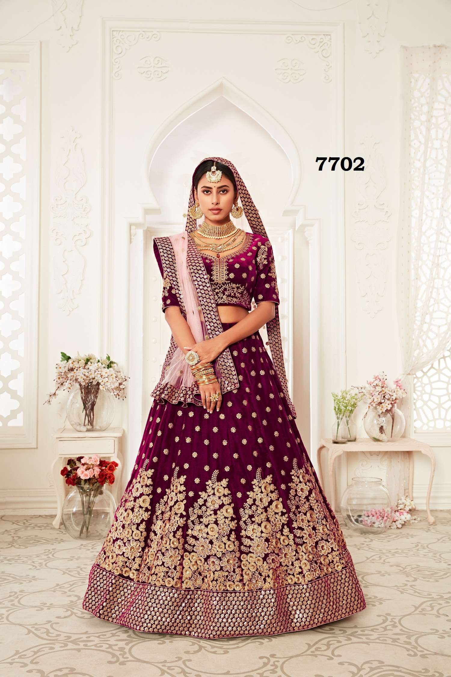 AWESOME BRIDAL WEDDING PARTY WEAR PURPLE LEHENGA CHOLI FANCY STYLE 7702