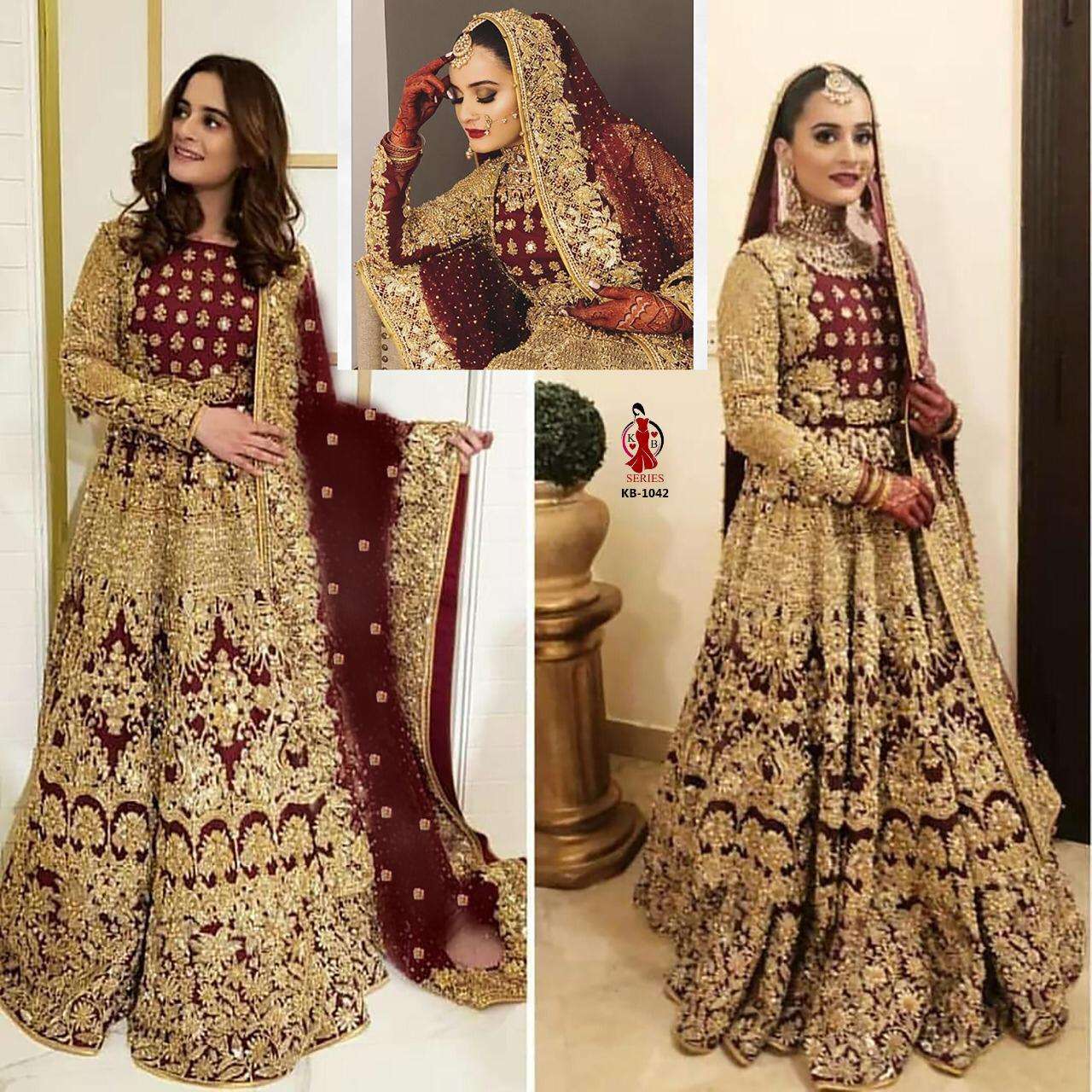 PREMIUM DESIGNER FANCY BOLLYWOOD STYLE WEDDING BRIDAL LEHENGA CHOLI IN VELVET KB1042 MAROON