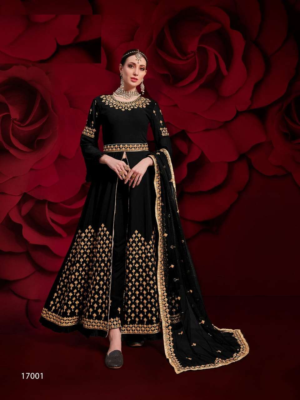 PREMIUM WEDDING PARTY WEAR FANCY LONG ANARKALI BLACK SALWAR SUIT IN PURE GEORGETTE 17001