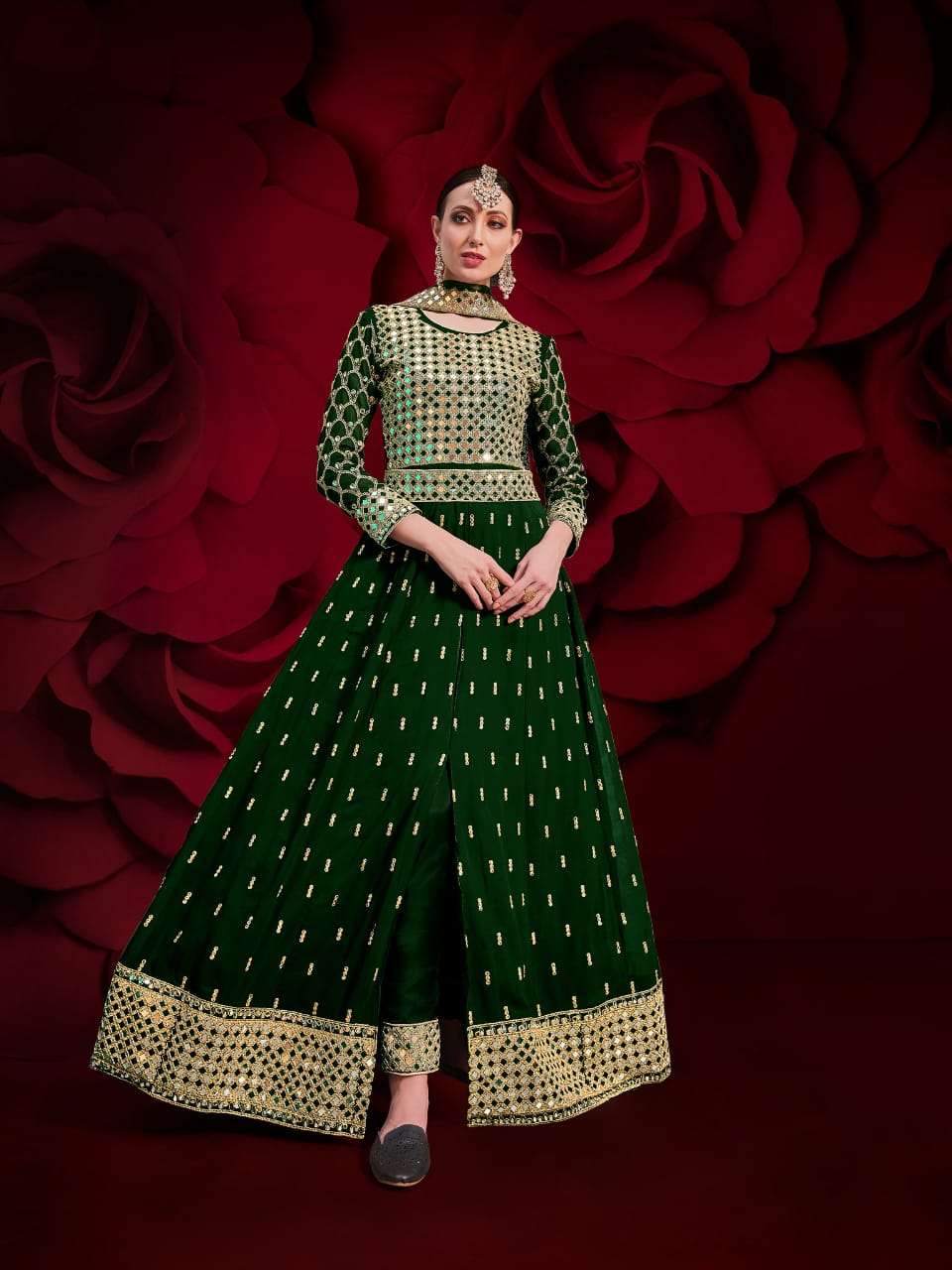 PREMIUM WEDDING PARTY WEAR FANCY LONG ANARKALI GREEN SALWAR SUIT IN PURE GEORGETTE 17003