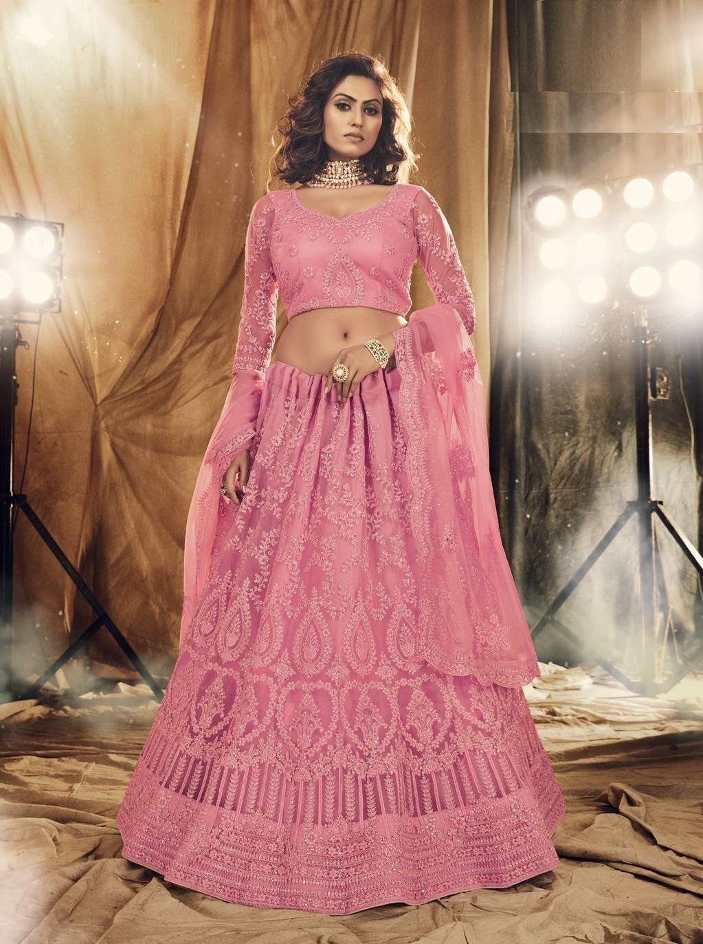 PREMIUM DESIGNER WEDDING PINK LEHENGA CHOLI IN NET FABRIC COLLECTION 2014