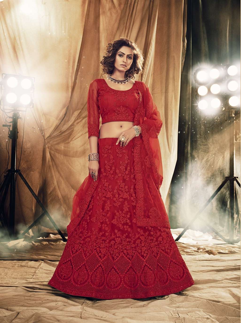 PREMIUM DESIGNER WEDDING RED LEHENGA CHOLI IN NET FABRIC COLLECTION 2013