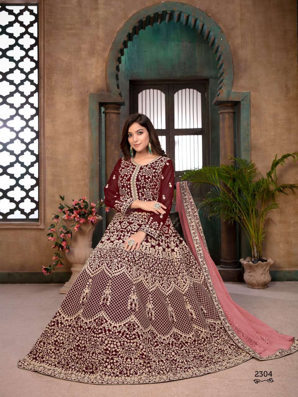 DESIGNER PARTY WEAR LONG RED COLOR ANARKALI SALWAR SUIT GOWN TRENDY COLLECTION 2304