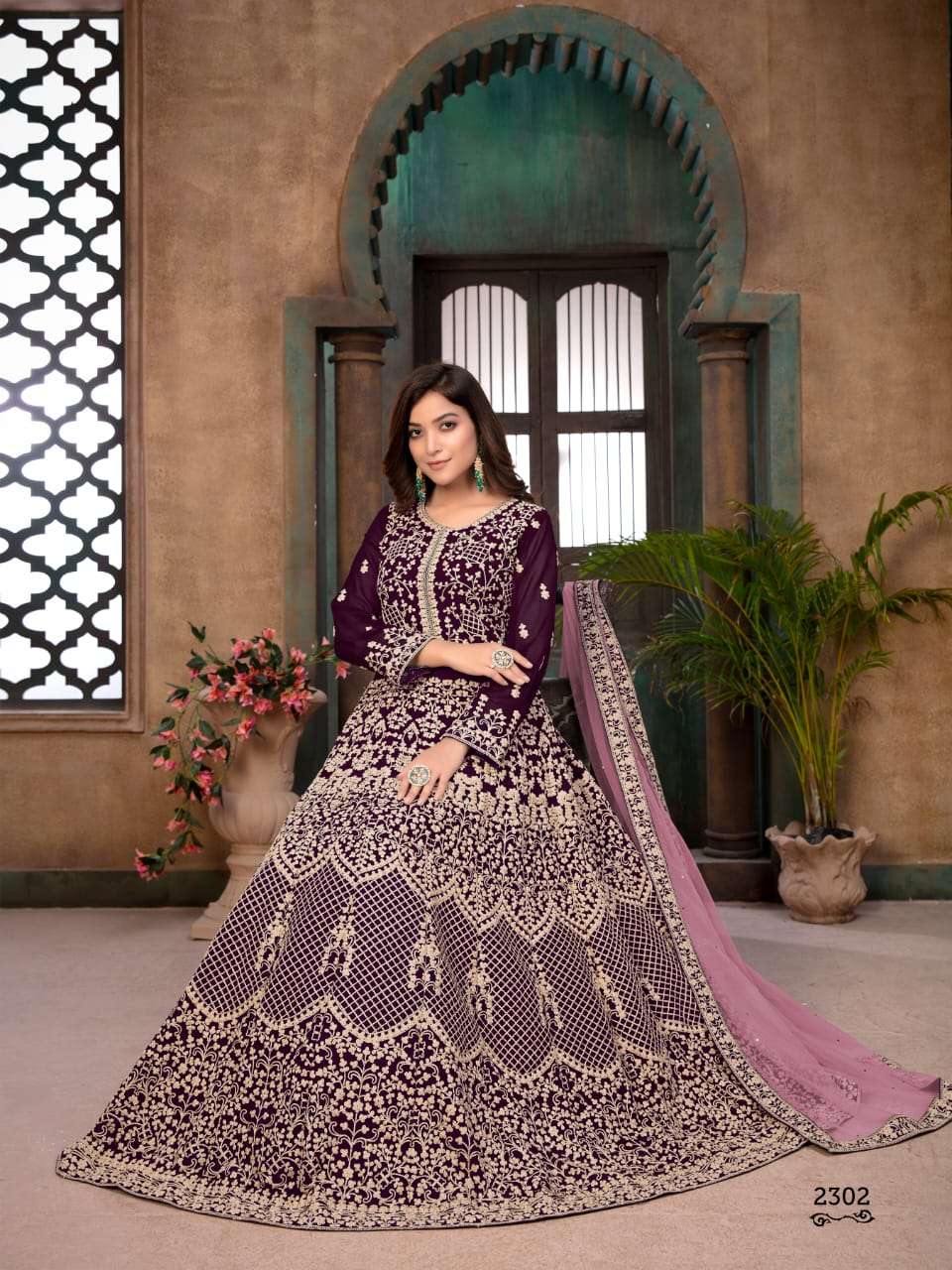 DESIGNER PARTY WEAR LONG WINE COLOR ANARKALI SALWAR SUIT GOWN TRENDY COLLECTION 2302