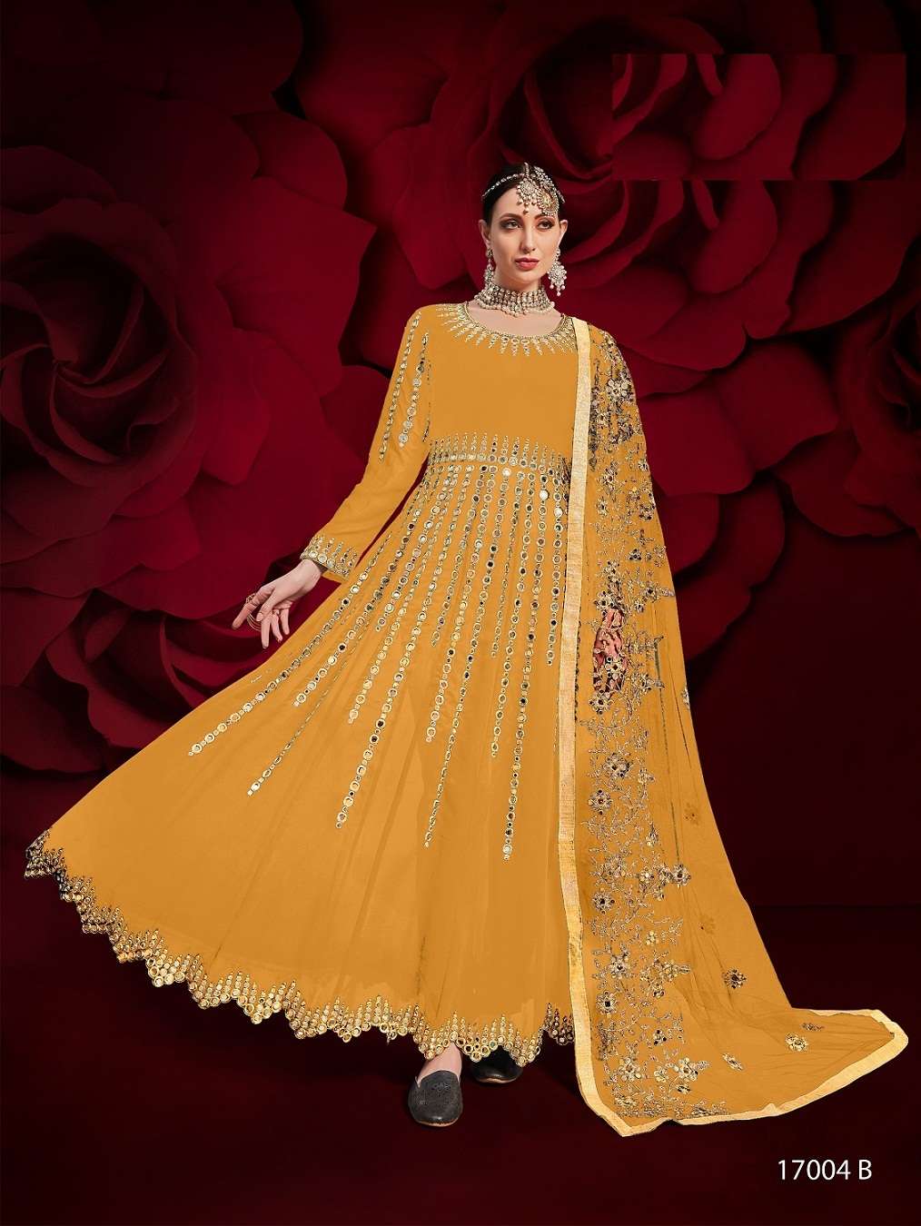 PREMIUM WEDDING PARTY WEAR FANCY LONG YELLOW COLOR ANARKALI SALWAR SUIT IN PURE GEORGETTE 17004 B