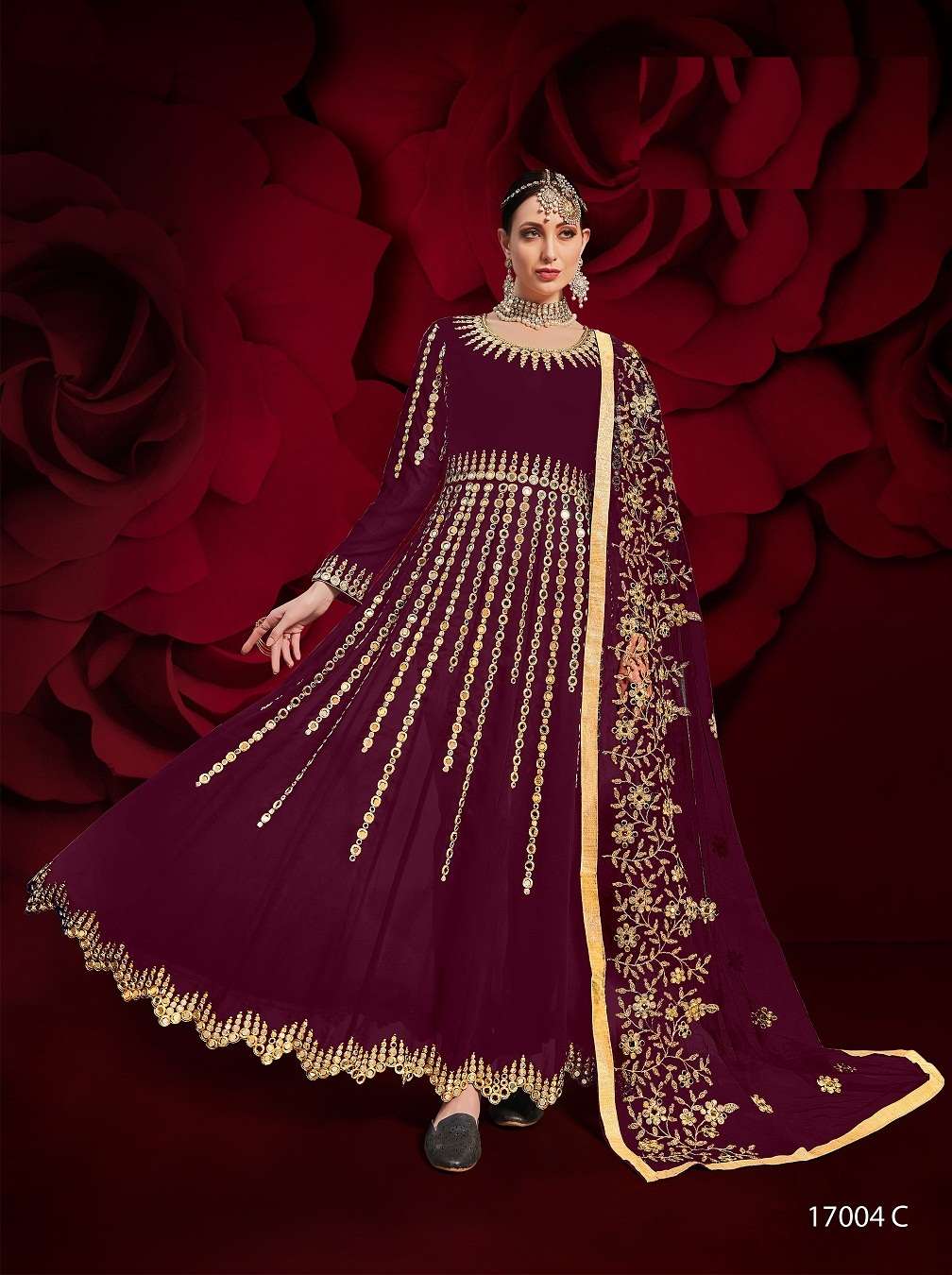 PREMIUM WEDDING PARTY WEAR FANCY LONG WINE COLOR ANARKALI SALWAR SUIT IN PURE GEORGETTE 17004 C