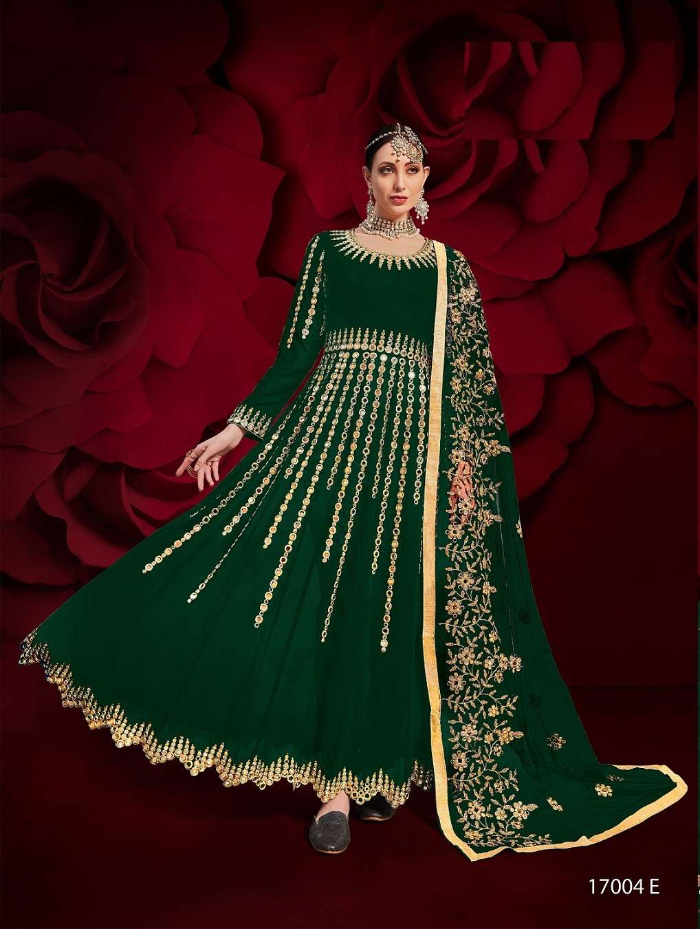 PREMIUM WEDDING PARTY WEAR FANCY LONG GREEN COLOR ANARKALI SALWAR SUIT IN PURE GEORGETTE 17004 E