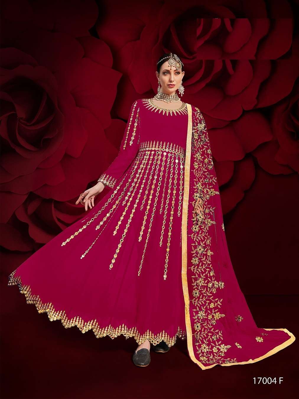 PREMIUM WEDDING PARTY WEAR FANCY LONG RANI COLOR ANARKALI SALWAR SUIT IN PURE GEORGETTE 17004 F