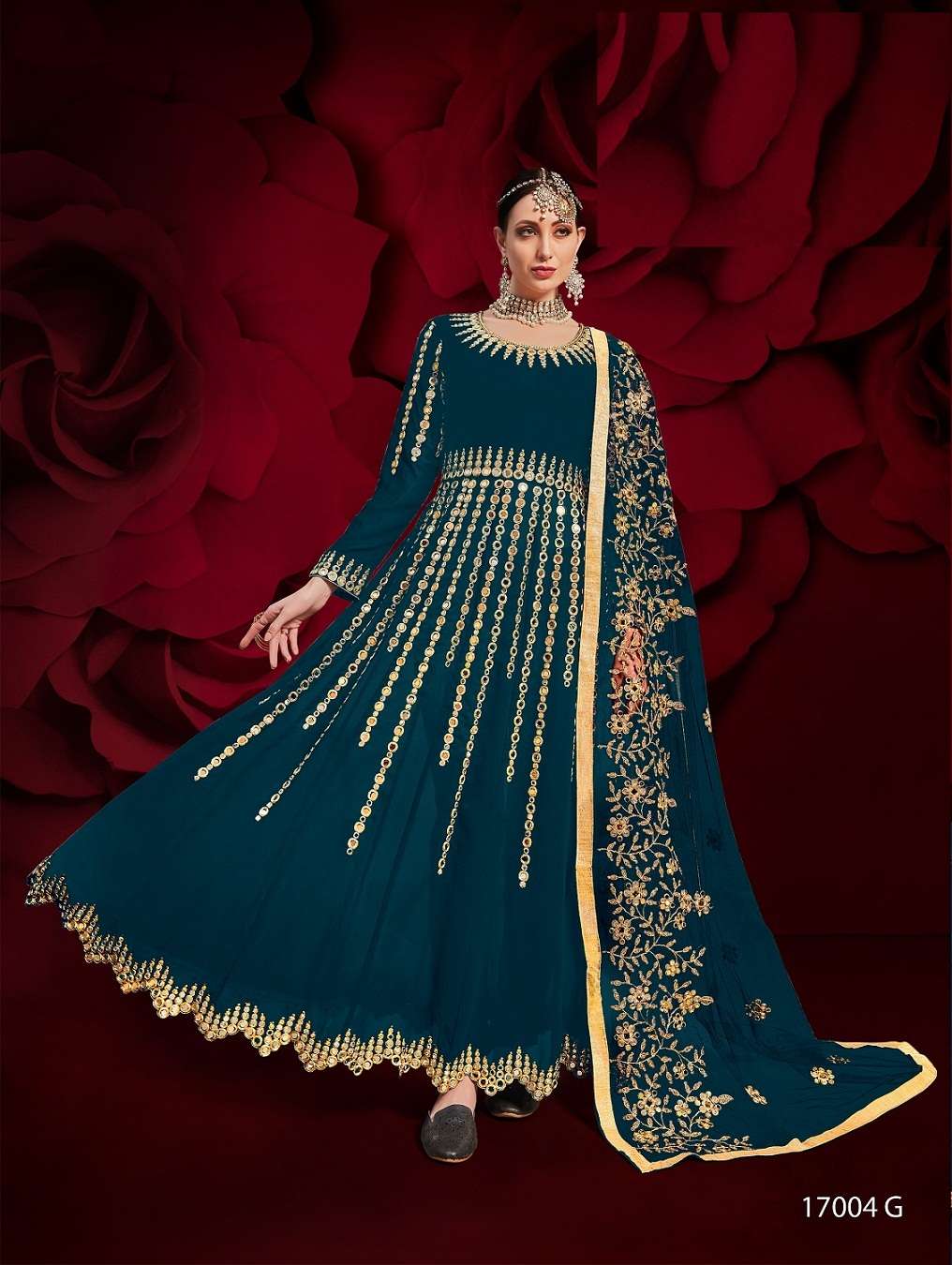 PREMIUM WEDDING PARTY WEAR FANCY LONG RAMA COLOR ANARKALI SALWAR SUIT IN PURE GEORGETTE 17004 G