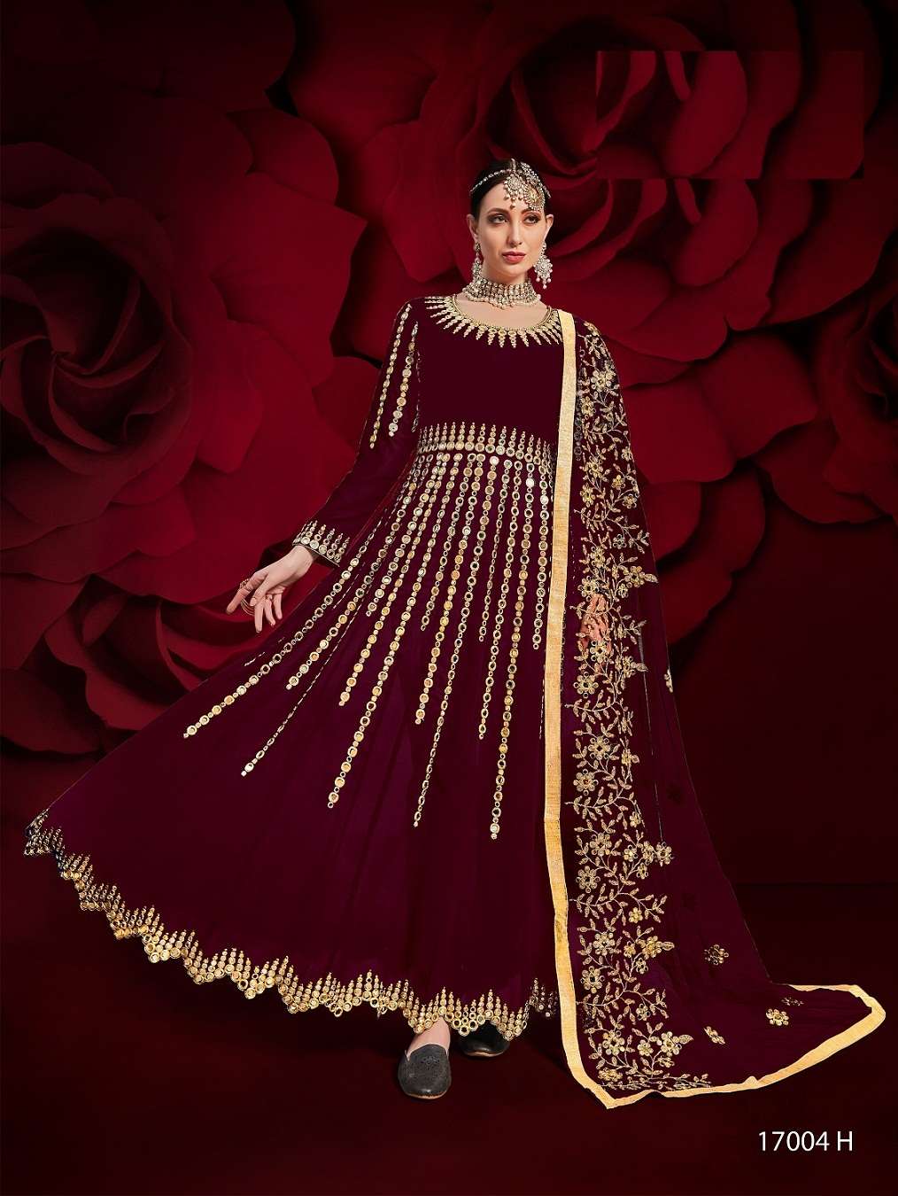 PREMIUM WEDDING PARTY WEAR FANCY LONG MAROON COLOR ANARKALI SALWAR SUIT IN PURE GEORGETTE 17004 H