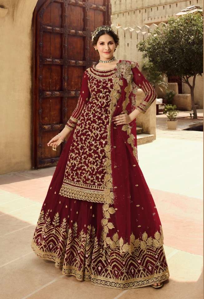DESIGNER FANCY PARTY WEAR MAROON COLOR SARARA STYLE SALWAR SUIT NEW COLLECTION 15030 H