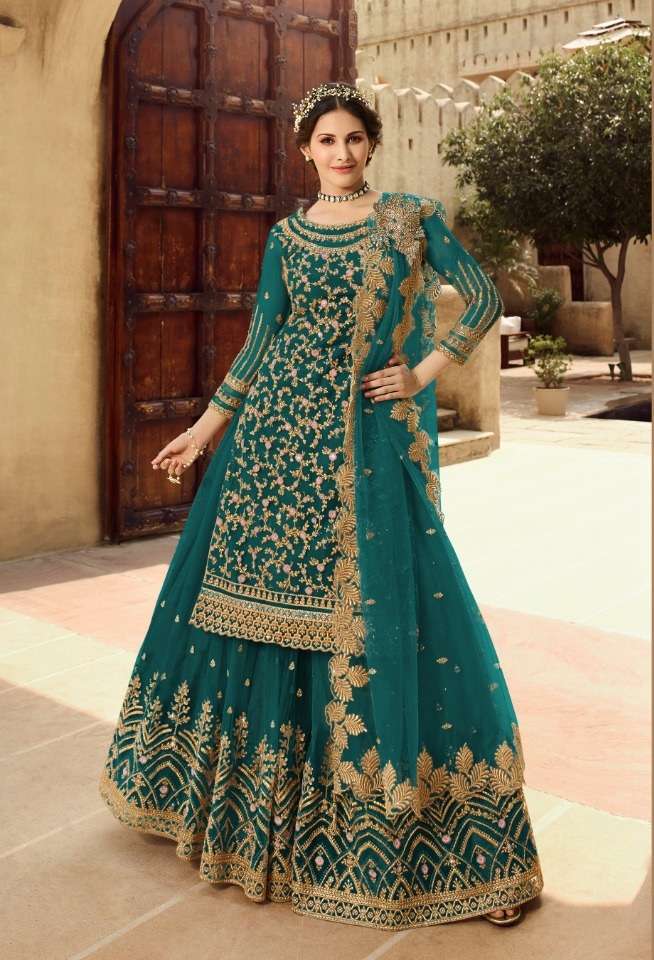 DESIGNER FANCY PARTY WEAR RAMA GREEN COLOR SARARA STYLE SALWAR SUIT NEW COLLECTION 15030 B